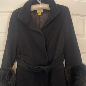 Joie Black Hesperina Women's Coat with Faux Fur Trim S